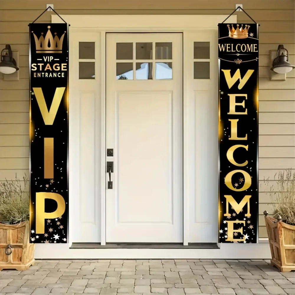 Black Gold VIP Stage Entrance Style Couplet Decoration Background, Festive Celebration Crown Star Pattern Porch Background Cloth