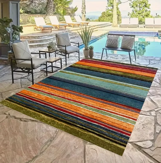 Outdoor Carpet Simple Color Lines Printed Patterns Decorative Style Terrace Balcony Living Room and Camping Use Outdoor Mats