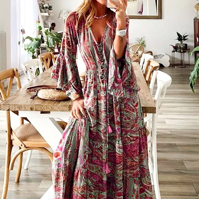 Bohème Mode Design Robe 2023 D'été Casual Floral Imprimé Profond V Cou Trompette Manches Smockée Taille Haute Flowy Maxi Robe