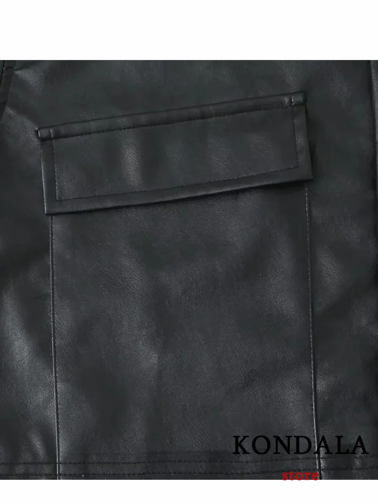 KONDALA Vintage Solid Women Leather Suit Black Single Button Pockets Jackets Straight Long Zipper Pants Fashion 2023 Autumn Sets