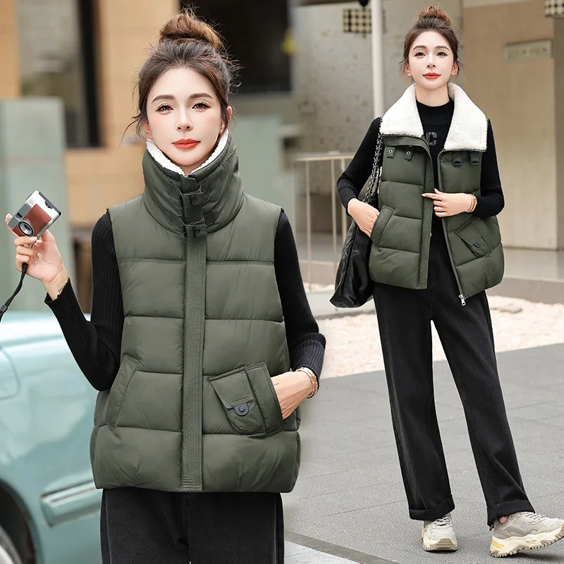 

Новинка 2025 года, зимний темпераментный пуховый хлопковый женский жилет, пальто, повседневный жилет с короткими лацканами, женская верхняя одежда без рукавов, женские топы