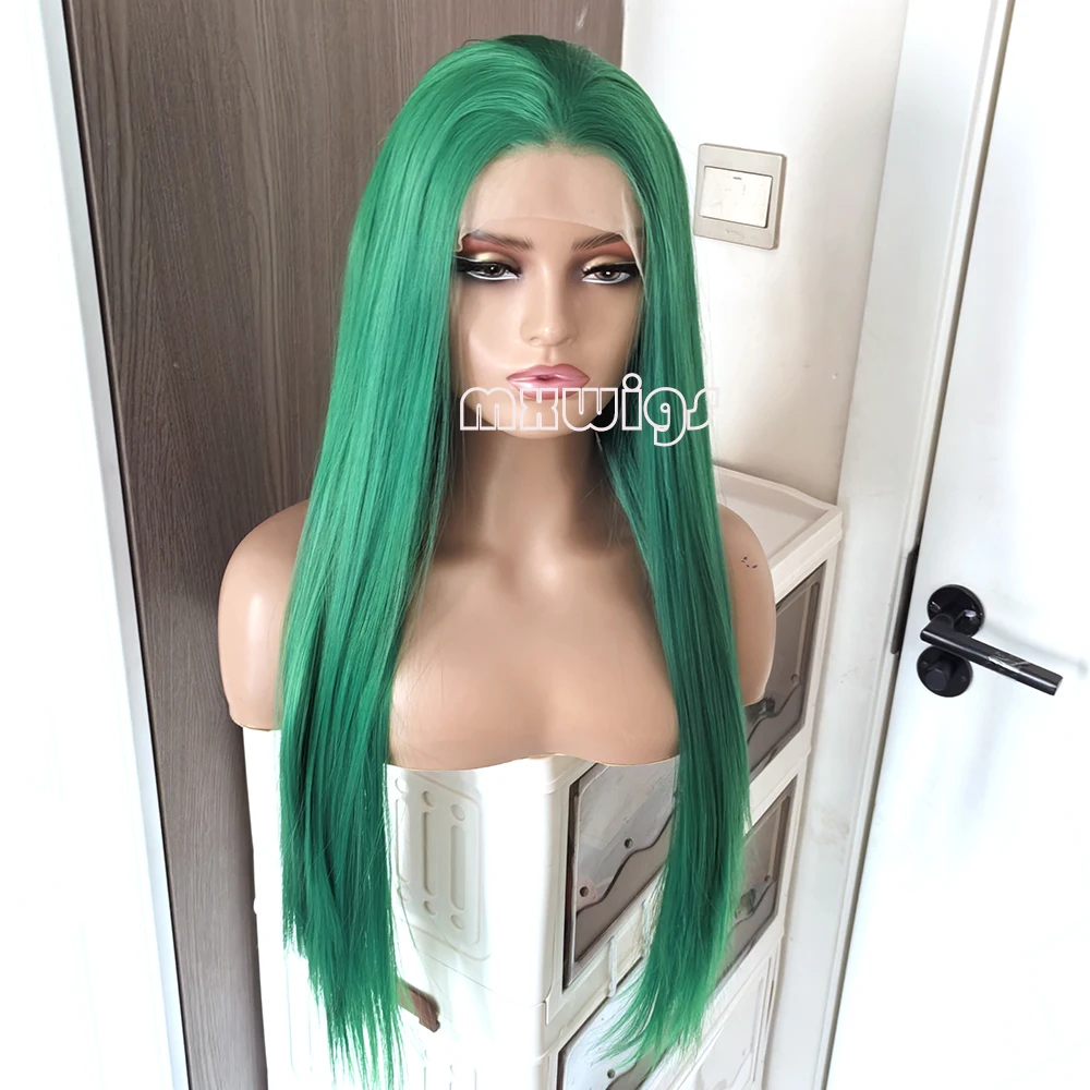 MXWIG Synthetic Hair Green Color  Straight  Glueless  Lace Front Wig For Black Women Preplucked 26 