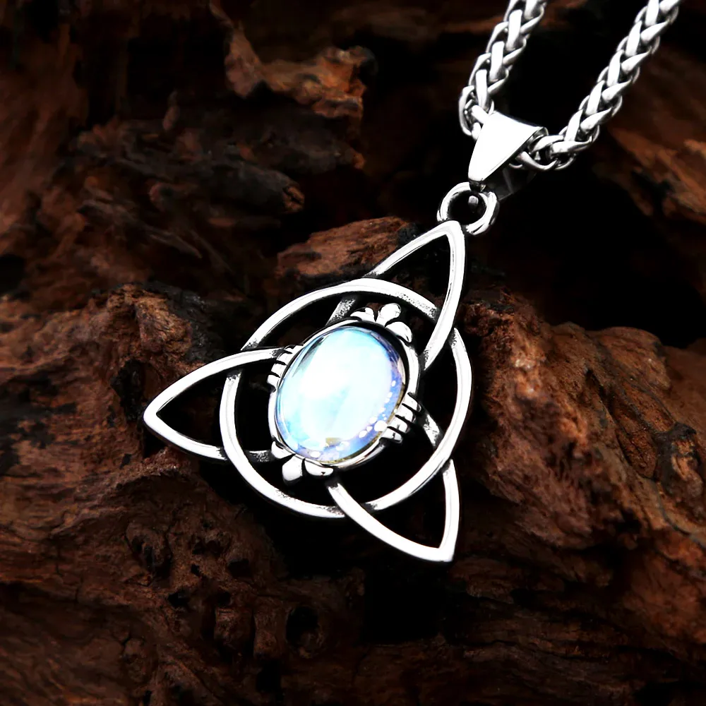 Retro Nordic Celtic Trinity Knot With Opal Pendant Necklace For Men Women Stainless Steel Viking Lucky Trendy Couple Jewelry