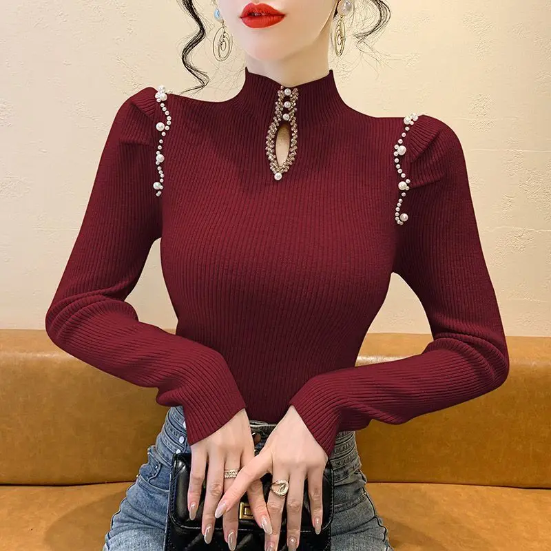 

Black Wine Red Turtleneck Long Sleeve T-shirt Autumn Winter Beading Shirt Women's Clothing Trend Tops Elastic Slim Sexy Tops New