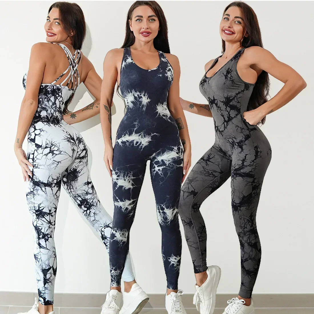 

Tie-dyed Yoga Jumpsuits Sports Fitness Hip-lifting Pants Backless Shockproof Bra Suits Workout Gym Leggings Tracksuits for Women