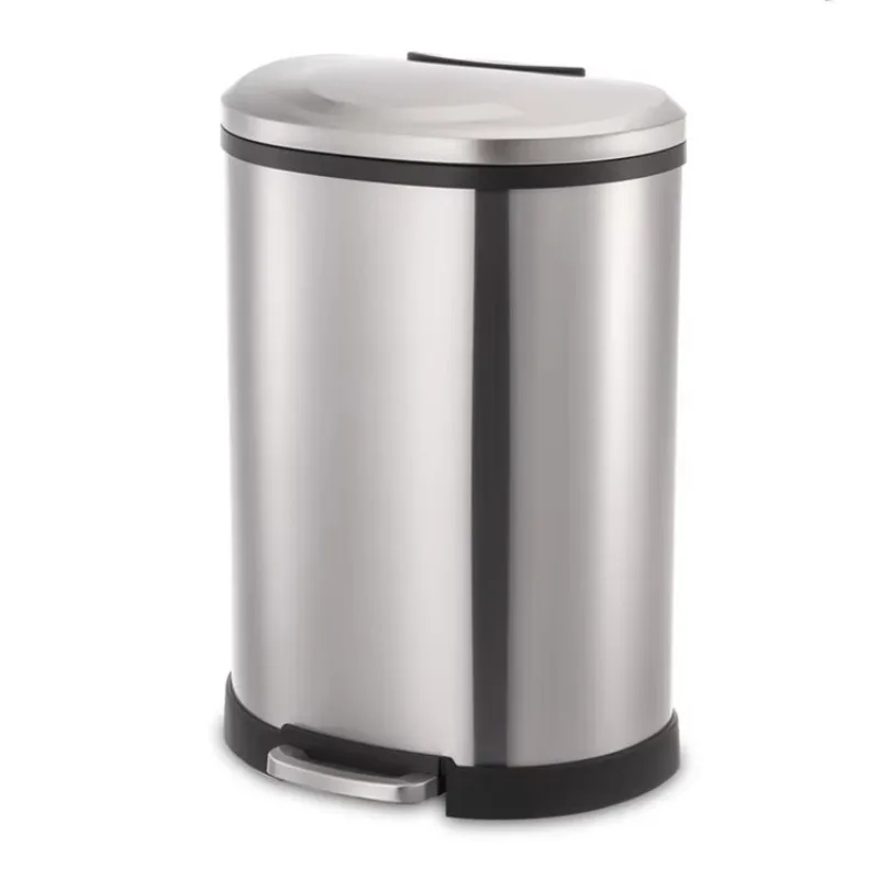 

D-Shape Office Stainless Steel 50L Foot Pedal Trash Can Eco-Friendly Round Waste Bin Iron Plastic Material Recycling Storage
