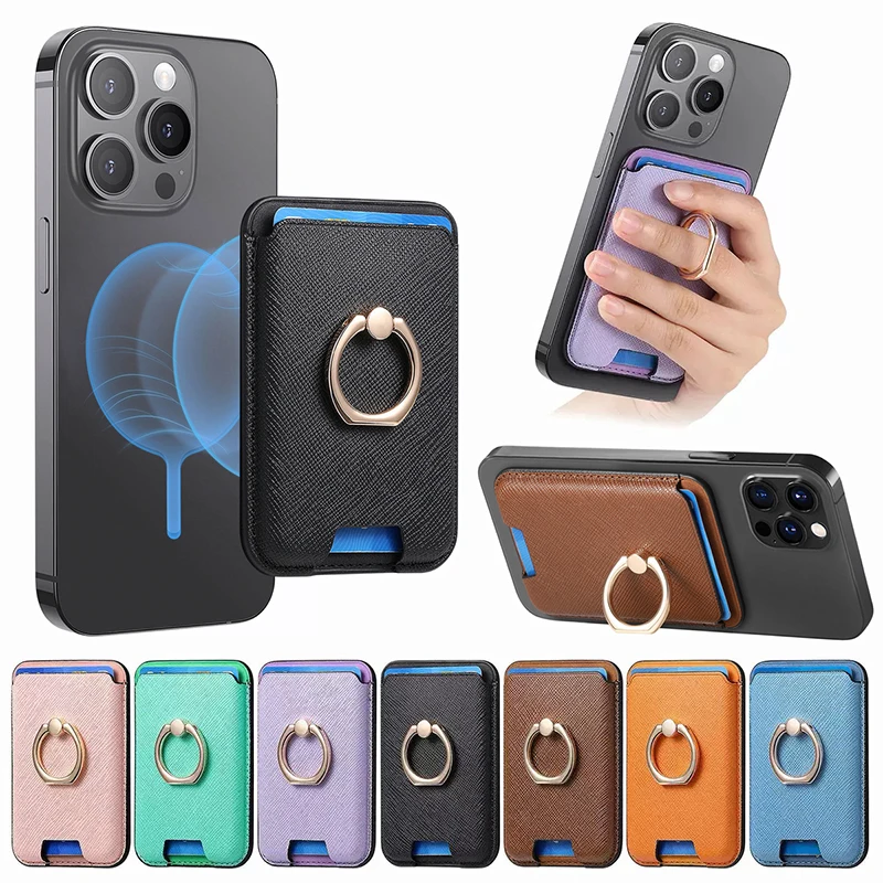 Saffiano-Leder für MagSafe Wallet mit Ring, magnetischer Ausweis- und Kreditkartenhalter, Aufbewahrungshülle für iPhone 17 16 15 14 13 12 Pro Max