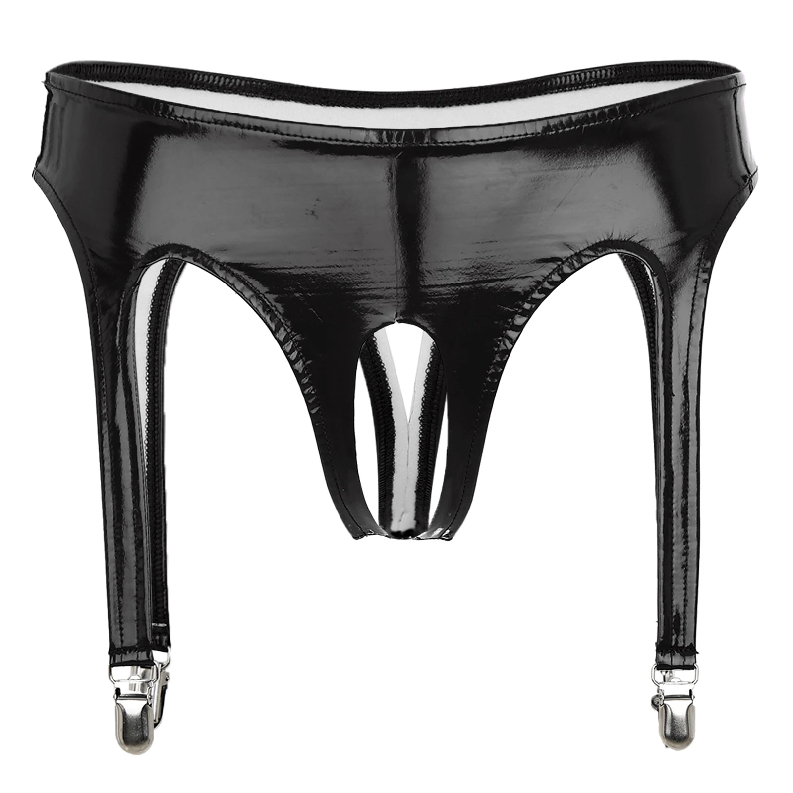 Womens Glossy Patent Leather Briefs Underwear with Garter Clips Open Crotch Panties Lingerie Punk Gothic Clubwear Underpants