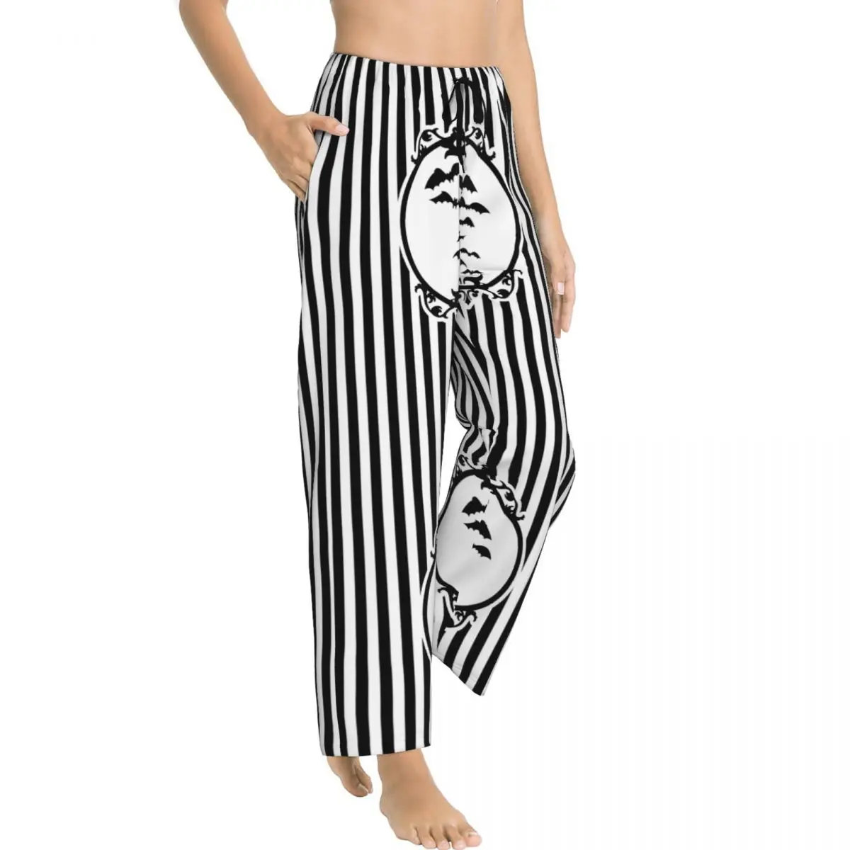 Custom Stripes And Bats Pajama Pants Women's Goth Occult Witch Halloween Lounge Sleep Drawstring Sleepwear Bottoms with Pockets