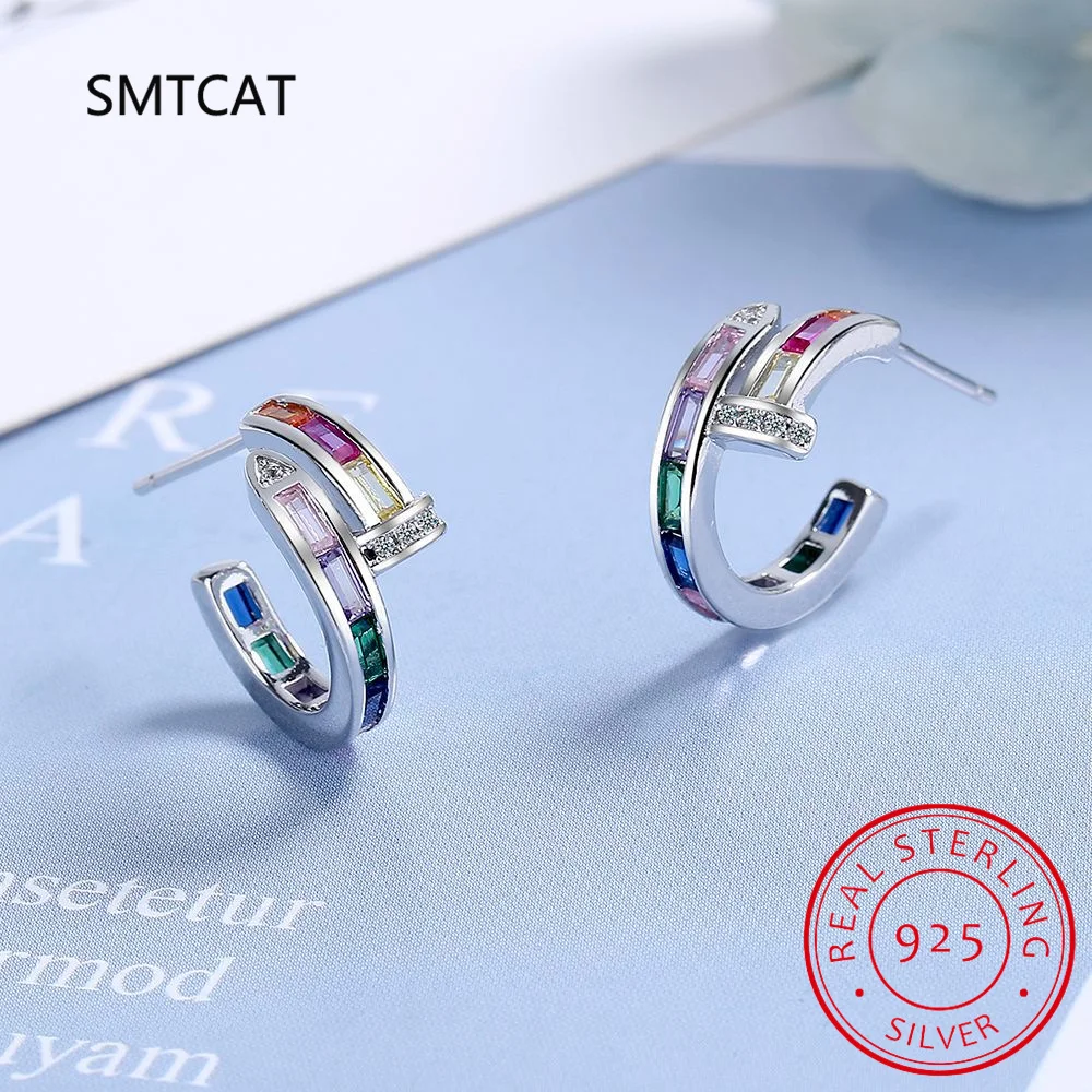 

Natural Garnet Amethyst Citrine Emerald Sapphire 925 Sterling Silver Rainbow Nail C Shape Stud Earring Colorful Gemstone Jewelry