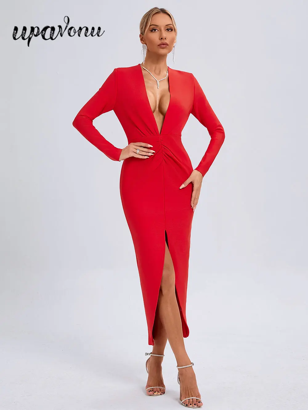 

2024 Sexy Women's Red Bandage Dress V-neck Long Sleeve Draped Bodycon Split Flute Dress Celebrity Cocktail Evening Party Vestido