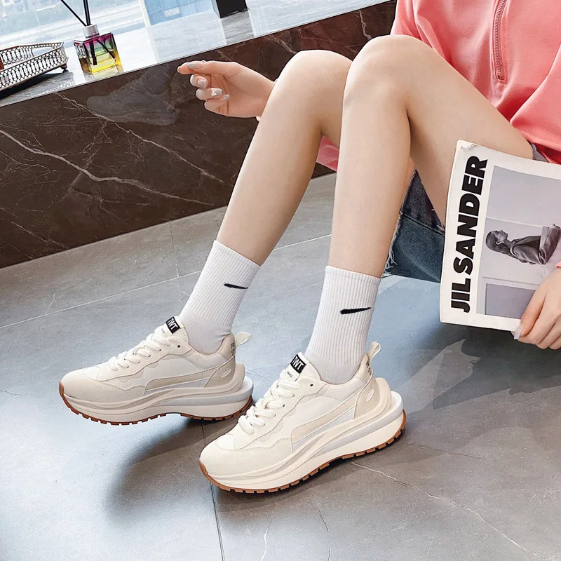 CXJYWMJL Genuine Leather Women Platform Sneakers Spring Casual Sports Chunky Shoes Ladies Thick Soled Breathable Vulcanized Shoe