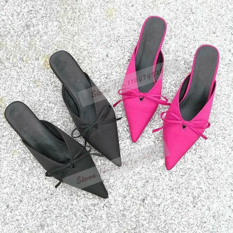 Pink Satin Butterfly-Knot Flat Fashion Mules Pointed Toe Bowtie Slip-On Modern Slippers Shallow Elegant Sandals Beach Shoes
