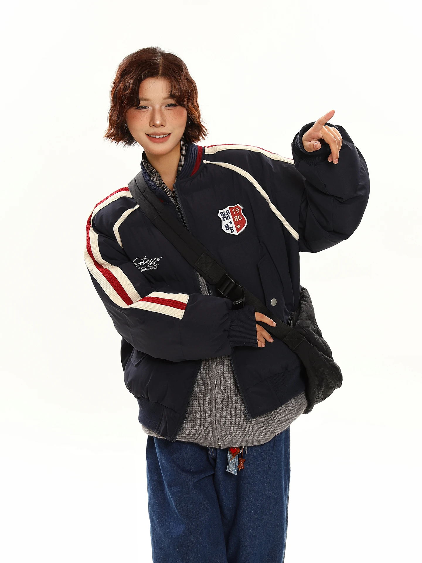 

Thiened Baseball Collar Embroidered Bread Jaet Women's Winter Warm Cotton Coat Mchen Sti Old Store American Retro Bae