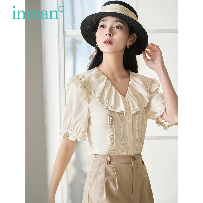 

INMAN Women Blouse 2023 Summer Lace Short Sleeve Ruffled V-neck Slim Shirt Jacquard Elegant Sweetness Apricot Blue Tops