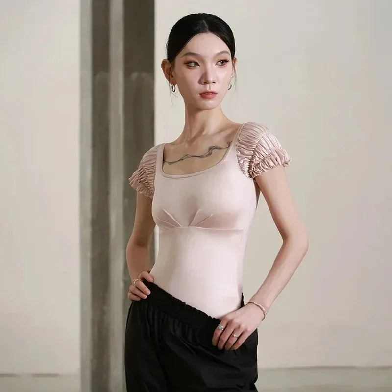 

Балетный купальник принцессы с короткими рукавами для взрослых, масляный блеск, лайкра, гимнастическая одежда, воздушный боди для йоги, розовый балетный танцевальный купальник для девочек