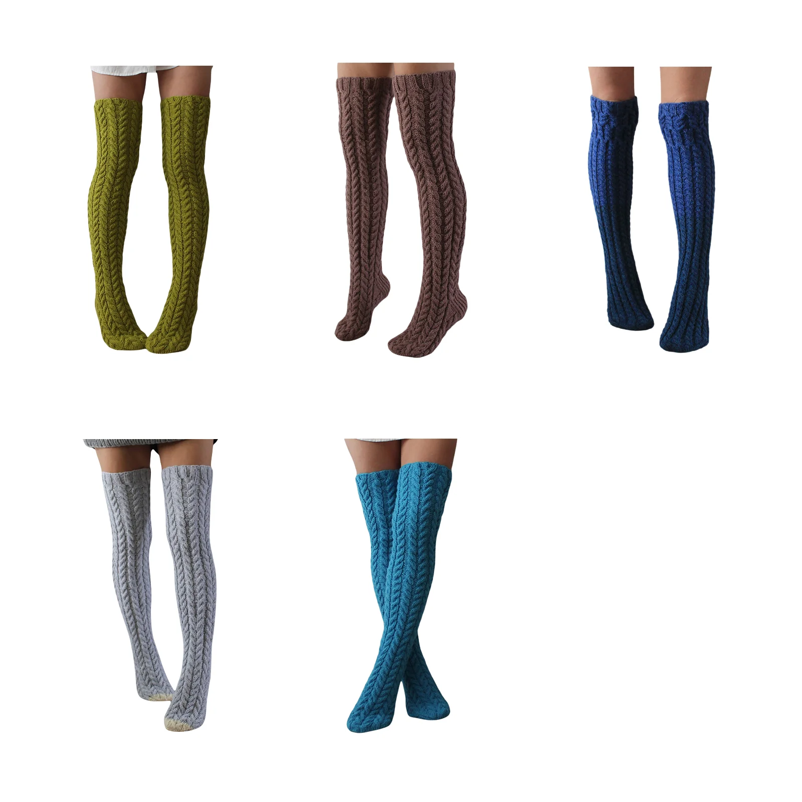 

Длинные вязаные носки выше колена с узором косичками, шерстяные, набор из 5 цветов (зеленый/кофейный/синий/серый/голубой)