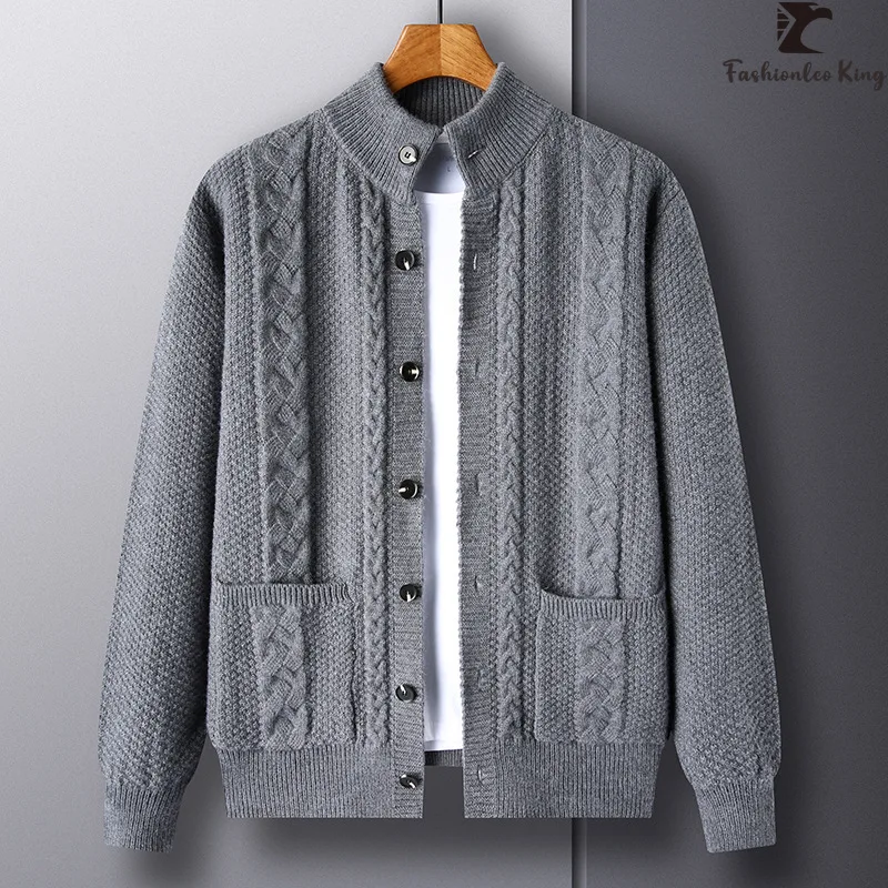 Luxury Men\'s Long Sleeve Cardigan Sweater Classic Plaid Knitted Fashion Knit Jacket Coat