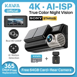 KAWA D11 Front and Rear Dash Cam 4K WiFi Car DVR GPS Video Recorder AI-ISP Color Night Vision Motion, Sony Starvis Dashcam