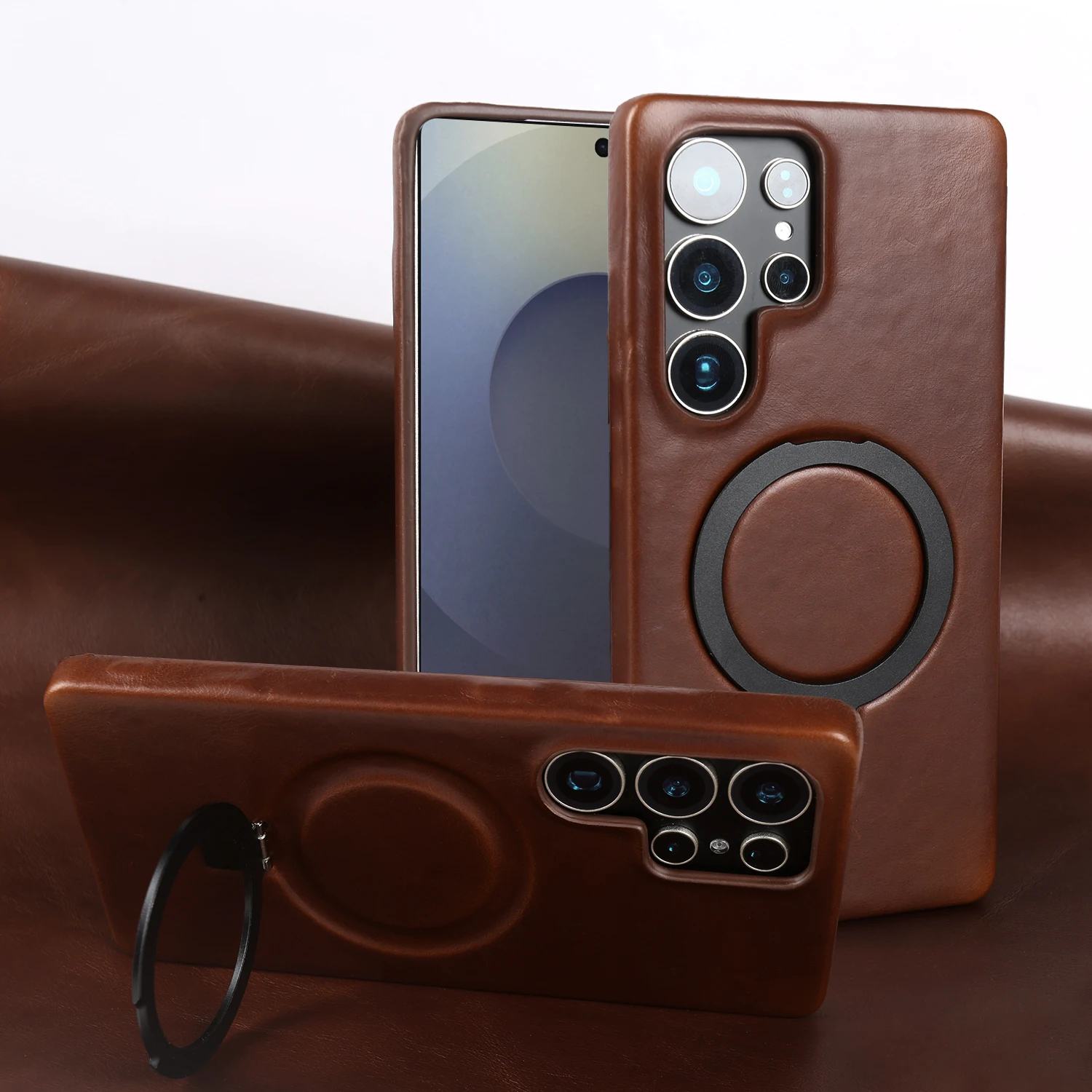

Magnetic Bracket Ring Genuine Leather Case For Samsung Galaxy S25 Ultra FE S24 Plus S23 S22 S21 Note 20 Ultra Phone Back Cover