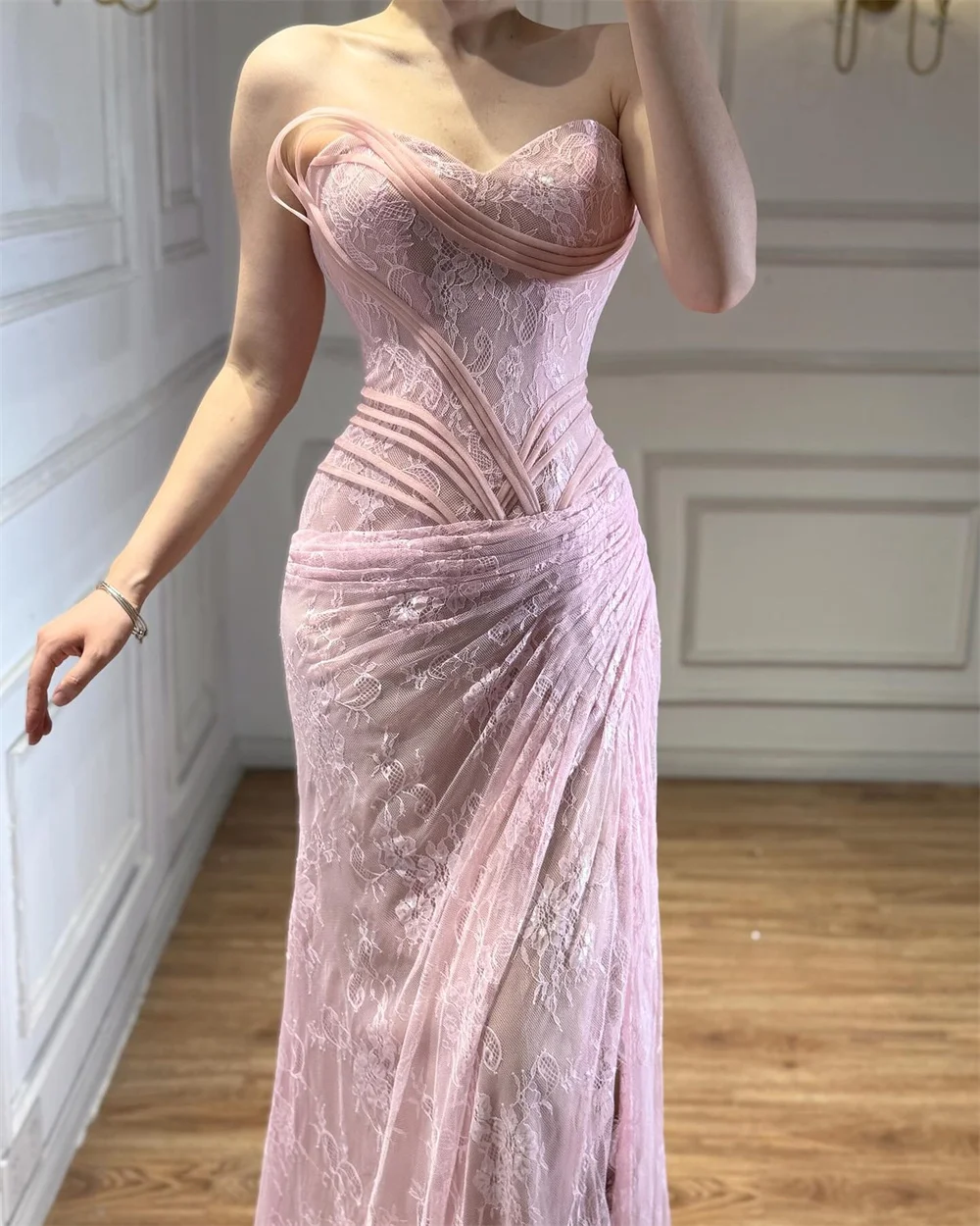 Glamour Custom Corset Vestidos De Noche High Slit Formal Evening Pink Lace Evening Dress Prom Strapless Sweetheart Neck Dresses