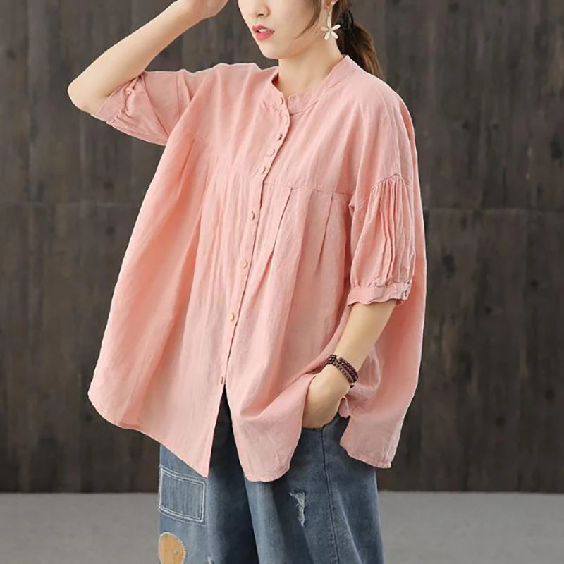 Fashion O-Neck Button Solid Color Folds Shirts Women's Clothing Spring Summer New Loose All-match Tops Commuter Blouses
