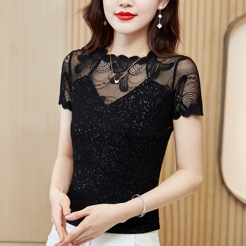 

#1402 Black Short Sleeve T Shirt Women Office Lady Elegant Slim Elastic Skinny T Shirt Femme Short Sleeves Spliced Lace Summer