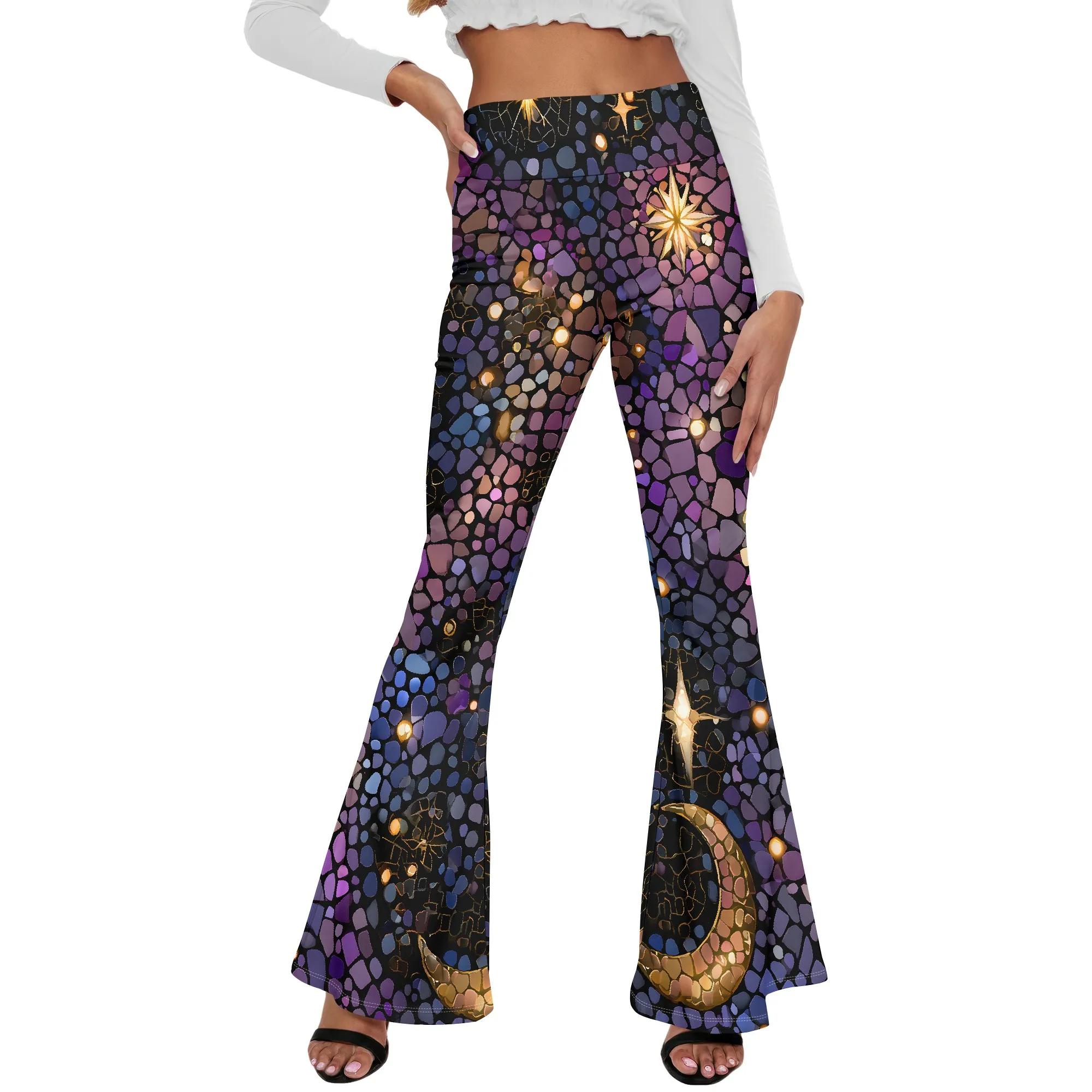 Boho Starry Night Print Flare Pants, Celestial Moon & Stars Pattern Trousers, Yoga Dance Wear for Women, S-2XL