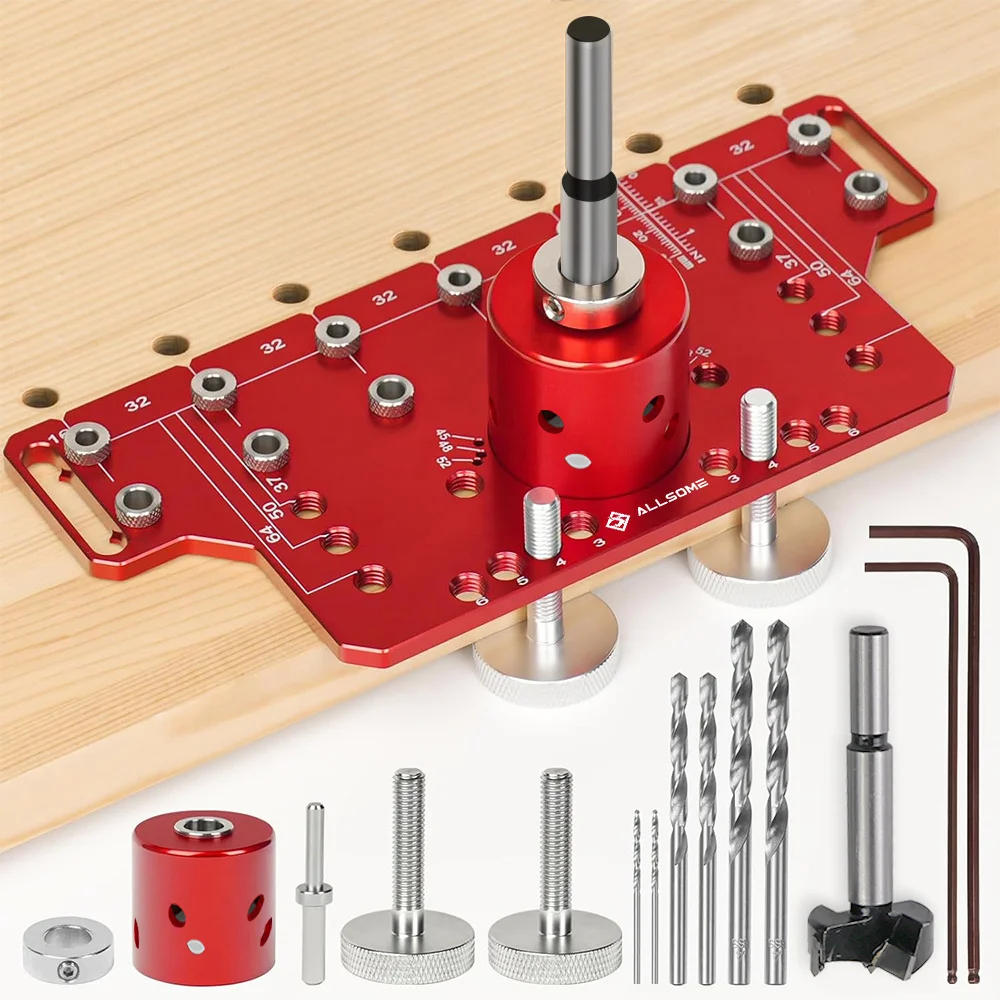 Allsome Shelf Concealed Hinge Jig , Aluminum Alloy Shelf Pin Drilling Jig with 35mm Hole Drill Bits, Cabinet Hardware Jig