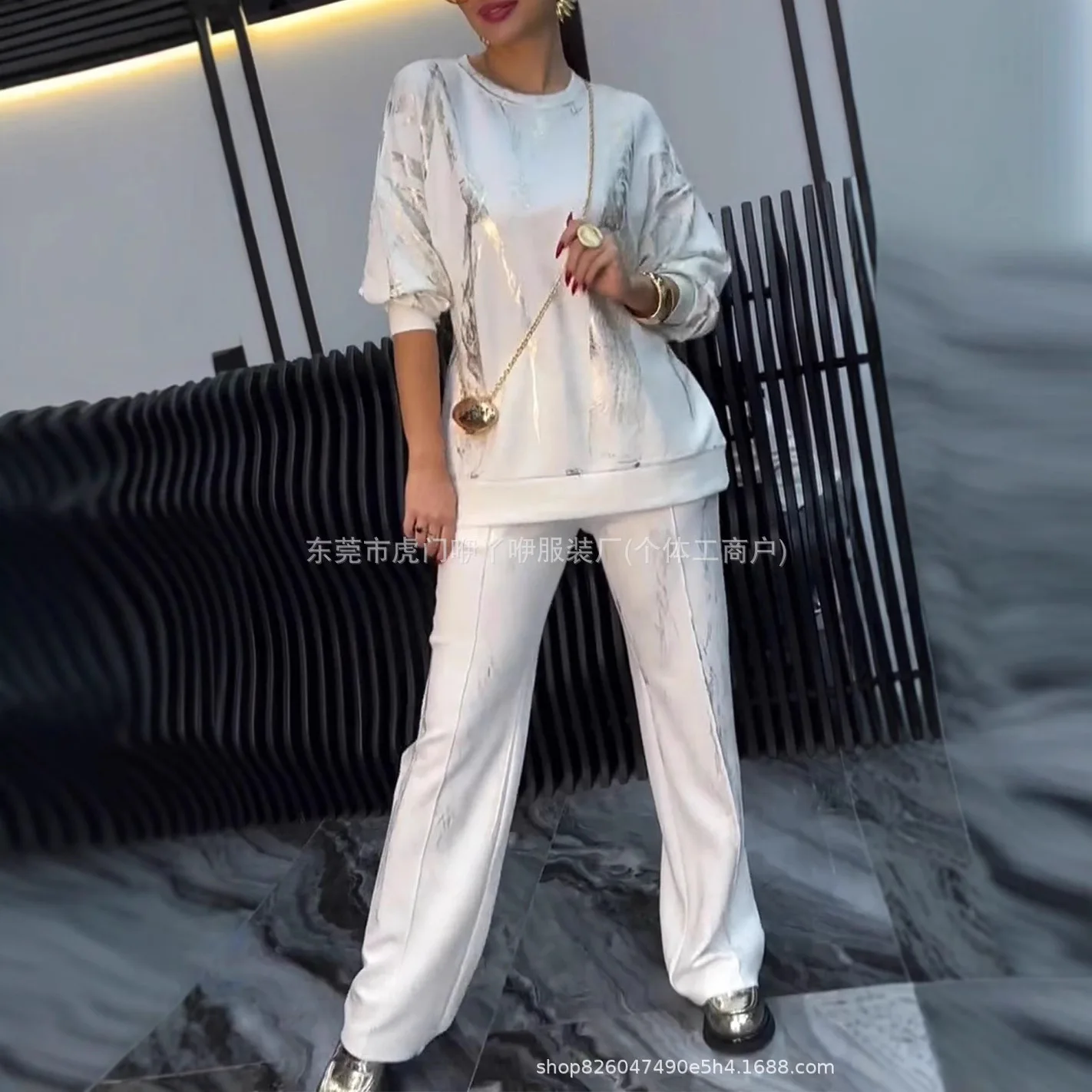 

Crew Neck Bronzing Sweater Set Casual Printing Two-piece Set 2025 Fashion Women's Clothing New Spring And Autumn High Street