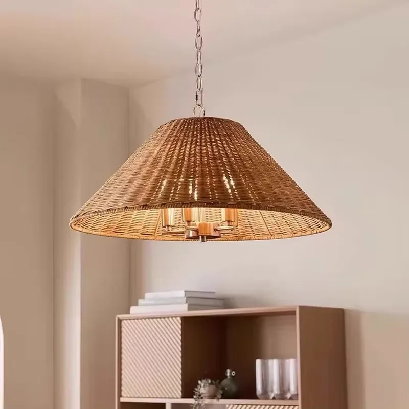 Natural rattan medium chandelier adjustable height sustainable brown LED chandelier 360 degree hotel restaurant project