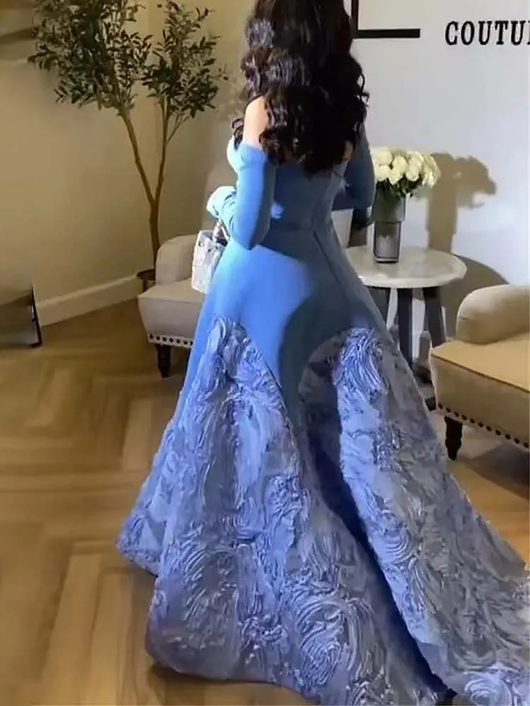 J2003 Dubai Blue Strapless Long Formal Evening Dresses Women Birthday Party Prom Gowns Wedding Guests Suits Free Shipping