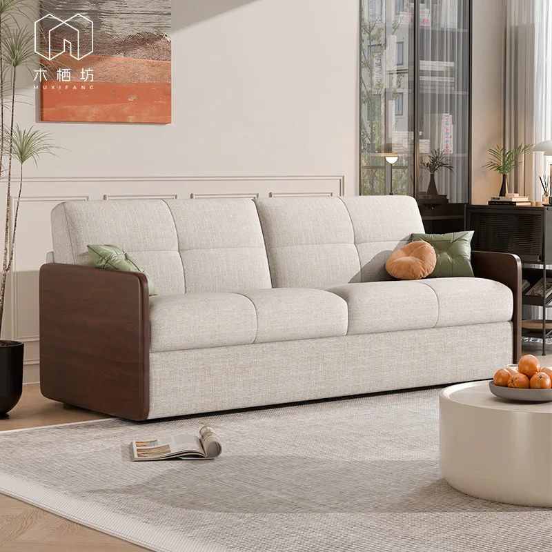Muqifang solid wood can sleep for a long time, flipped sofa bed with mattress folding small apartment integrated dual-use