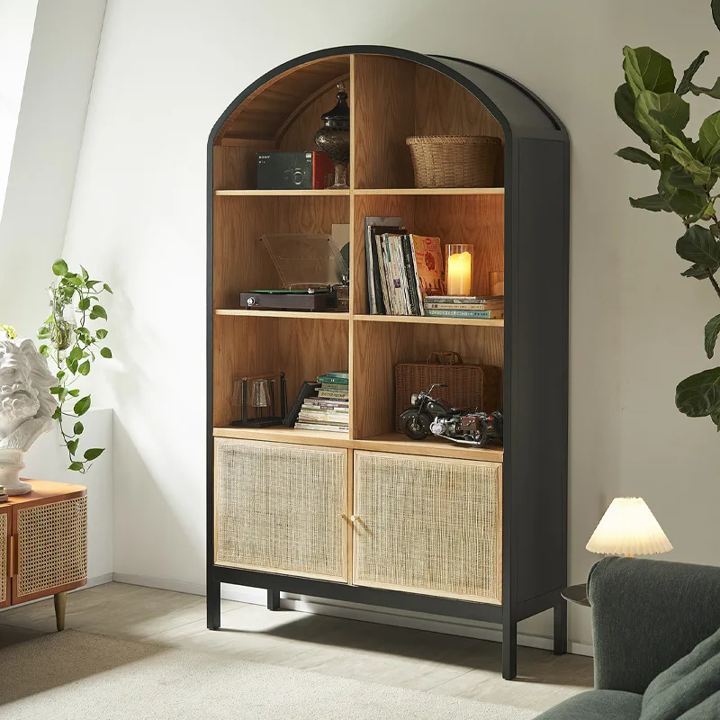 American rattan double door bookshelf floor-to-ceiling multi-layer book art storage rack black solid wood large-capacitybookcase
