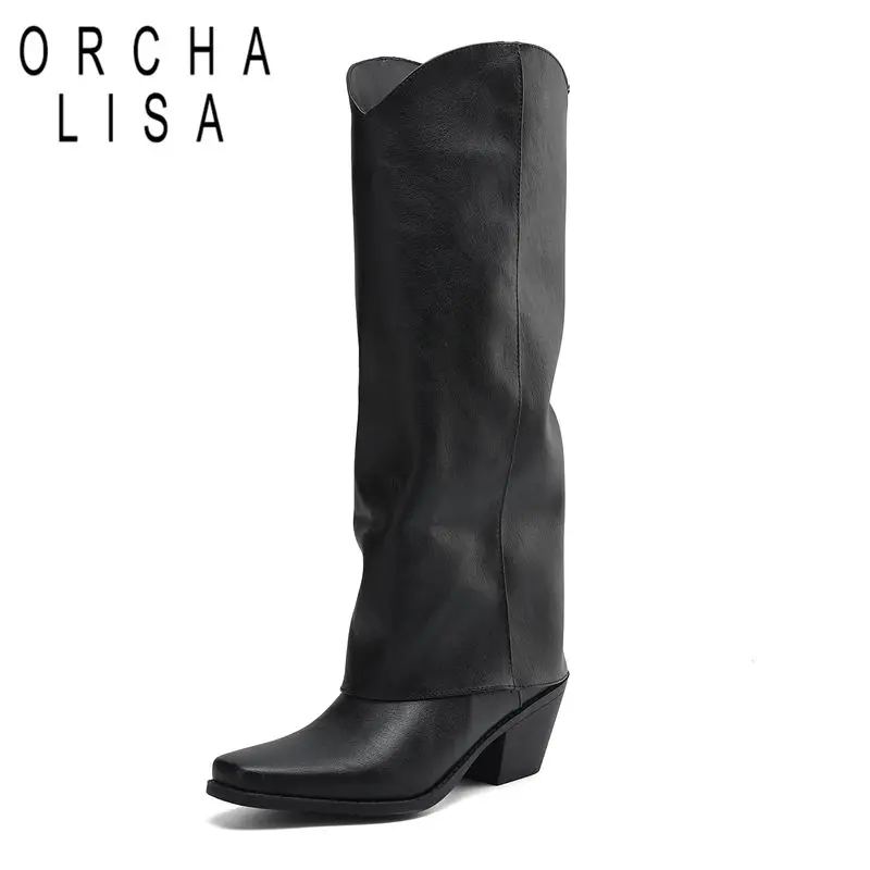 

ORCHA LISA Брендовые винтажные женские ботинки с квадратным носком на блочном каблуке 6,5 см, слипоны большого размера 41 42 43 44 Повседневные повседневные ботильоны до колена