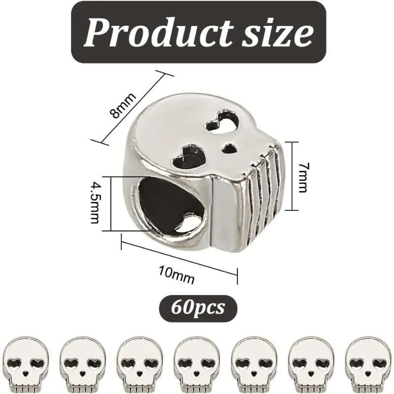 60 Pcs Alloy Skull Beads Antique Silver Punk Retro Flat Skull Bead Large Hole Bead Loose Spacer Bead Tibetan Style European Bead