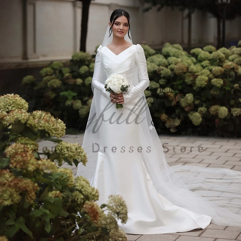 Ottotre abiti da sposa a sirena bianca Arabia Saudita manica lunga scollo a V abito da sposa in raso abiti da ballo da donna personalizzati