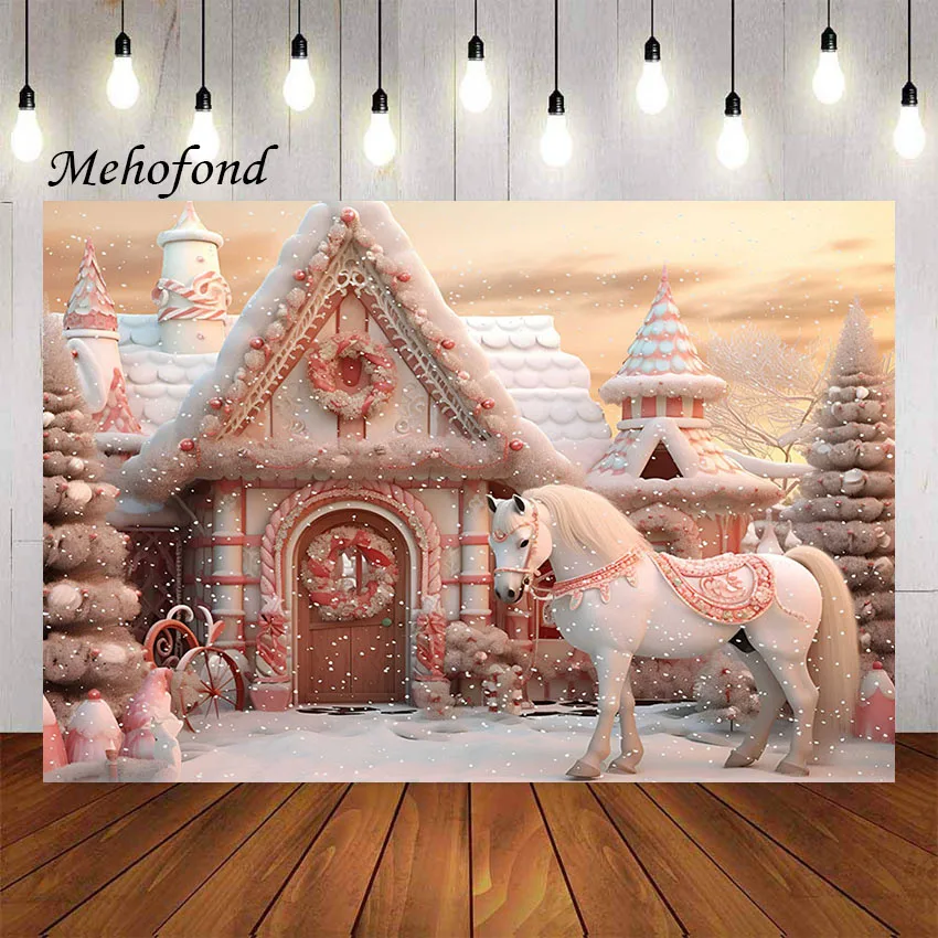 Mehomond Fotografie Hintergrund Weihnachten rosa Süßigkeiten Haus Winter Schnee Weihnachten Party Kind Familie Porträt Dekor Hintergrund Foto Studi