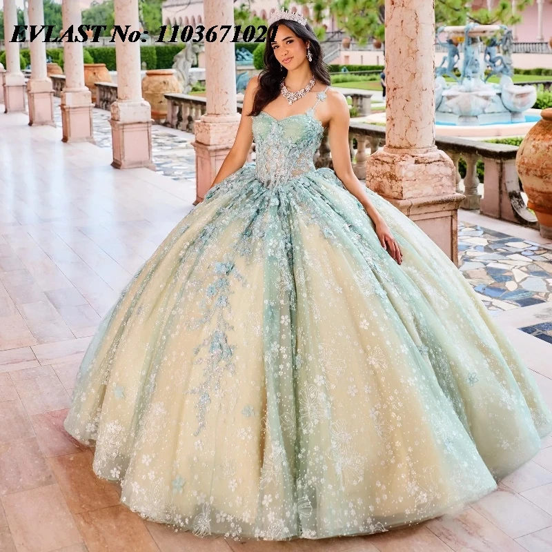 EVLAST Customized Lavender Ball Gown Quinceanera Dress 3D Floral Lace Applique Beading Cape Sweet 16 Vestidos De XV Anos SQ267