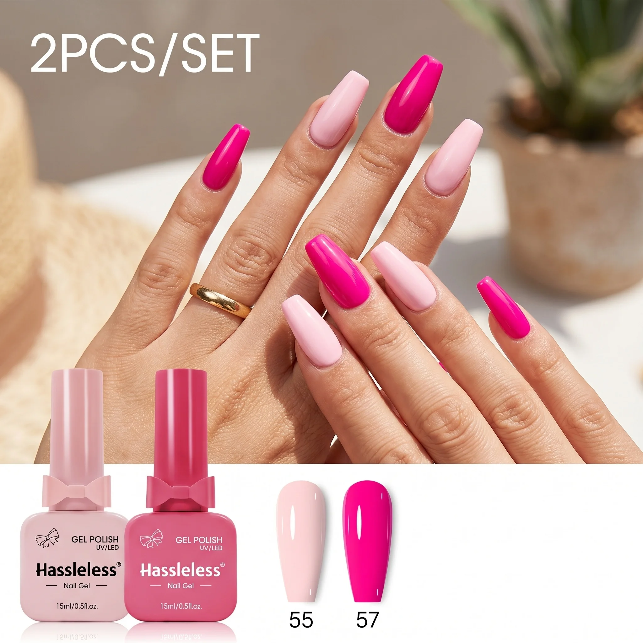 Hassleless 2-Piece Color-Blocking Nail Polish Set, Featuring a Gentle Light Nude Pink Paired with a Vibrant Dragon Fruit Rose Pink Dual-Color Combination, with Smooth and Full Coverage, a Clear and Transparent Finish,