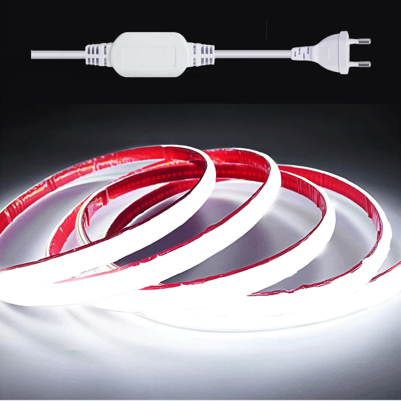 السوبر مشرق 220 فولت COB LED قطاع ضوء الاتحاد الأوروبي/الاتحاد الأفريقي قابس طاقة لاصق شريط مرن مقاوم للماء لتزيين الإضاءة في الهواء الطلق