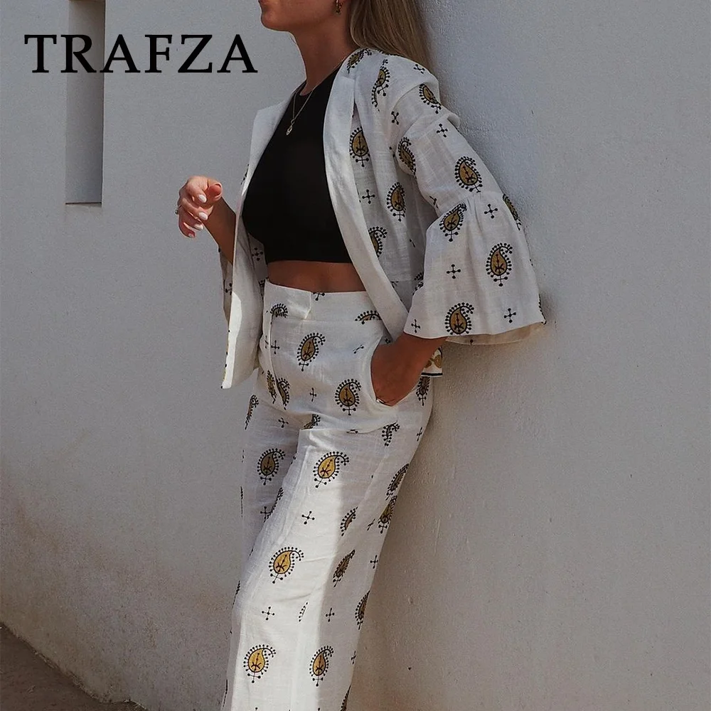 TRAFZA 2024 Spring Summer Casual Women Embroidery Suits Fashion Solid Flare Sleeve Open Stitch Blazers+Mid Waist Wide Leg Pants