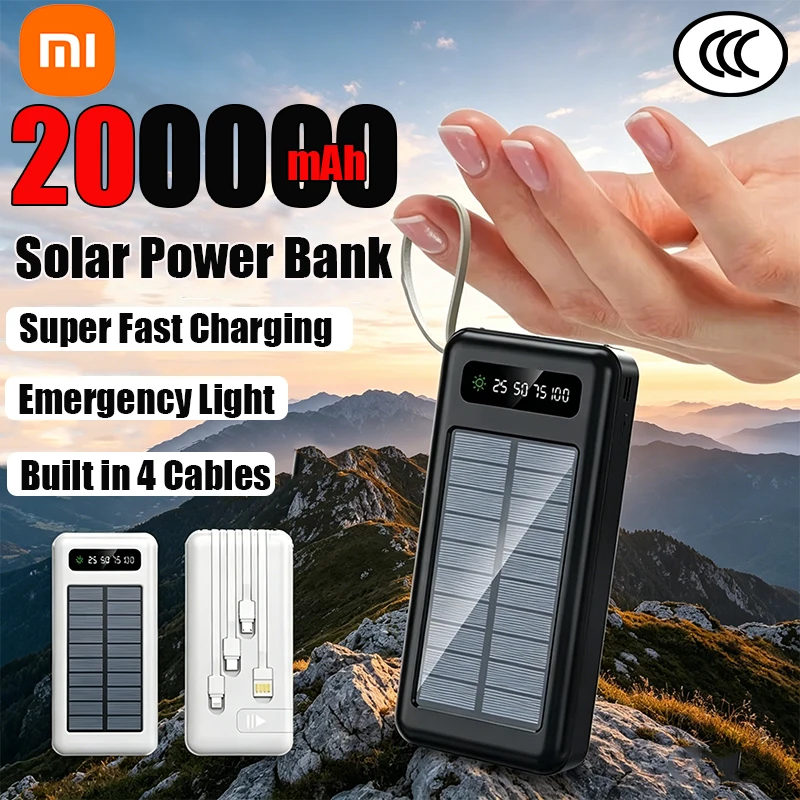 

XIAOMI 200000 мАч Солнечный Power Bank с быстрой зарядкой, портативный внешний аккумулятор большой емкости со встроенным фонариком и 4 кабелями