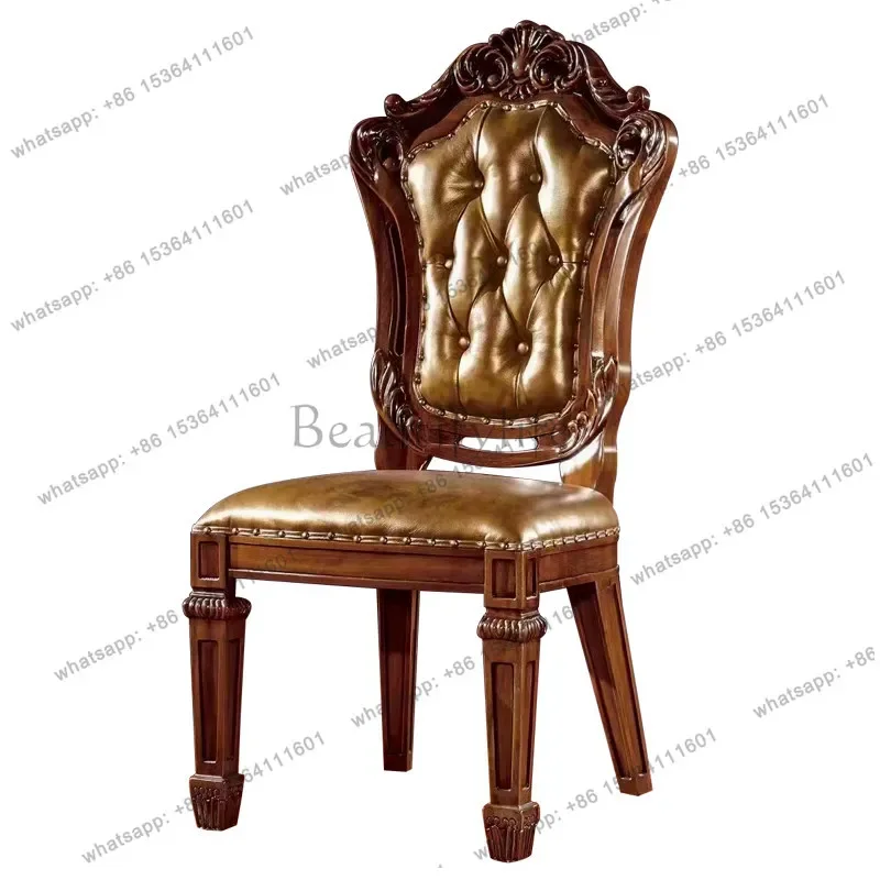 

yj58 European antique dining chair American villa solid wood carving flower first layer leather restaurant old backrest chair