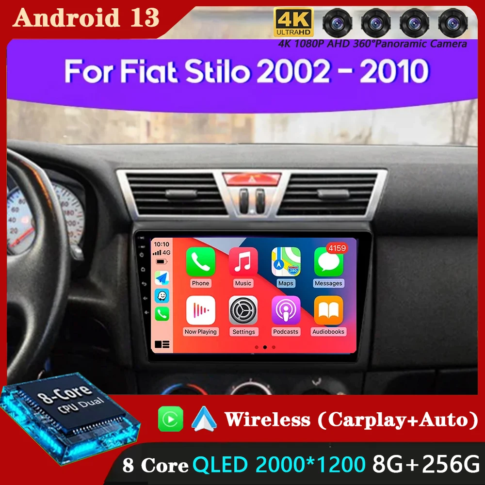 

Автомагнитола 2 Din на Android 13 для Fiat Stilo 2001 -2010, мультимедийный проигрыватель 2K QLED с GPS, голосовым помощником, CarPlay, 4G, стерео, 9 дюймов