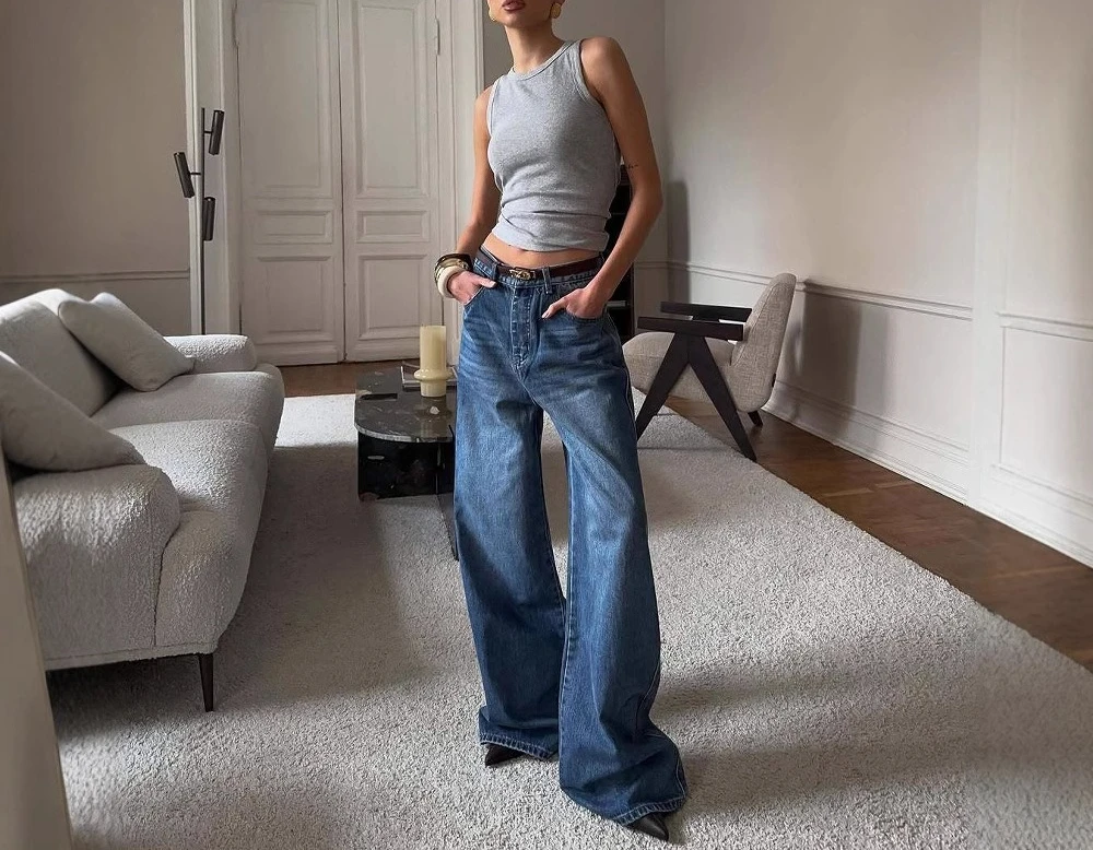 ホットガールズ ニッチデザイン レトロ ワイドレッグジーンズ レディース オールシーズン対応 ルーズストレート ハイウエスト スリム フロア丈パンツ