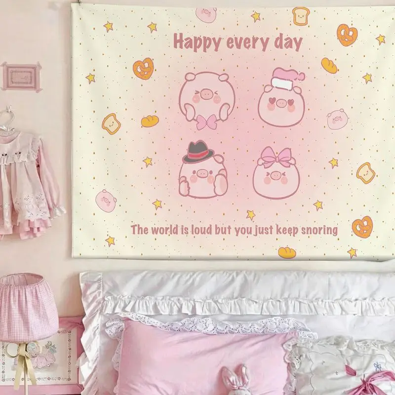VIKAMA Happy Pig Bread Tapestry, Kawaii Pink Animal Wall Hanging for Bedroom Dorm Nursery Pastel Decor