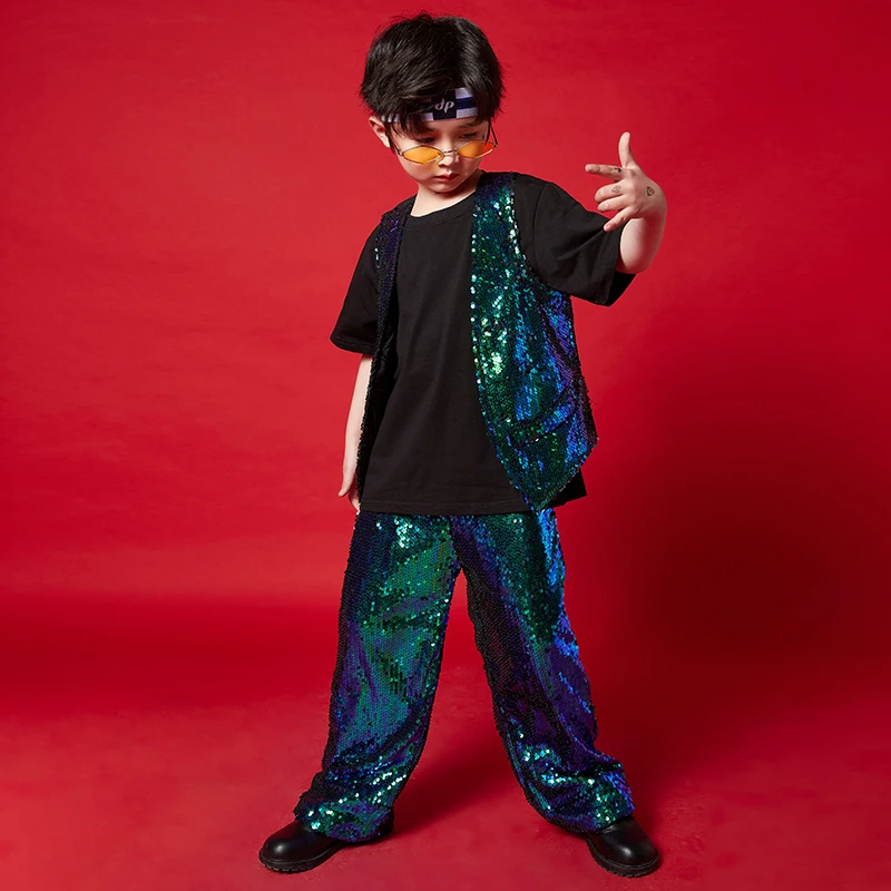 Kids Cool Hip Hop Clothing Sequin Jacket Tank Top Crop T Shirt Streetwear Pants for Girl Boy Jazz Dance Costume Show Outfits