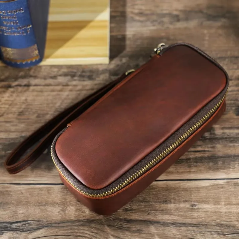 Portable Genuine Leather Tobacco Pipe Bag Can Hold Two Pipes Zippered Cigarette Holder Smoking Paper Holder Case Wallet Bag