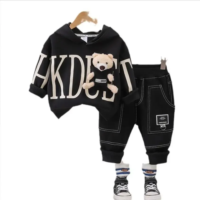 Luxury Designer Kids Clothes Spring Autumn Sets for Baby Boys Cartoon Letters Bears Hooded Sweatshirt And Pants Infant Outfits